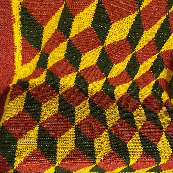 Vintage Handmade Red Yellow Green Geometric Pattern Crochet Afghan Blanket - Picture 8 of 12